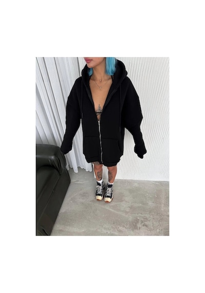 Kadın Tam Fermuarlı Cepli Kapüşonlu 3 İplik Pamuklu Hoodie Sweatshirt - Siyah