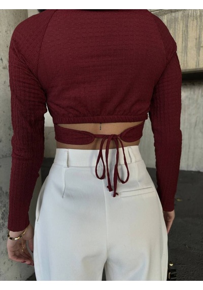 Lymens Şık Ve Modern Burgu Sırt Detay Crop Uzun Kollu Bisiklet Yaka Bluz Bordo