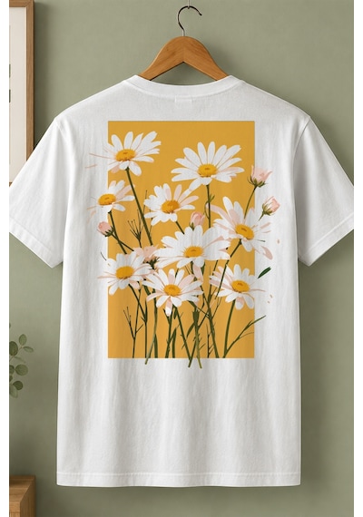 Spoyi Altın Bahar Tasarımlı %100 Pamuk Yarım Oversize Beyaz T-shirt
