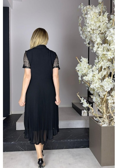Ges Moda G0924 Kolları Dantel Piliseli Elbise Siyah-siyah