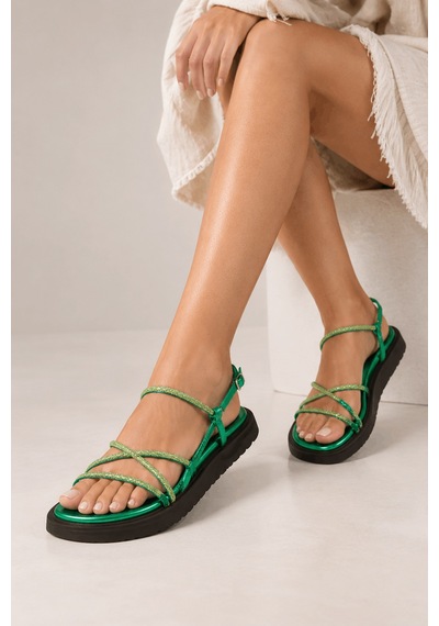Selin Shoes Filin Taşlı Kadın Sandelet- Yeşil
