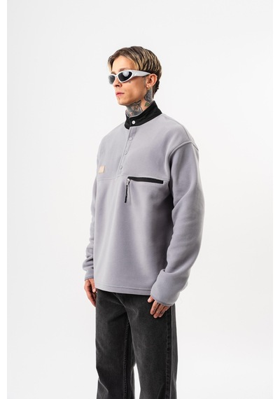 Respire Erkek Düğme Detaylı Oversize Polar Sweatshirt Gri