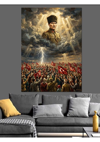 Kalabalık Üstünde Atatürk Işıklı Bulut Dekoratif Kanvas - Mdf Ahşap Tablo