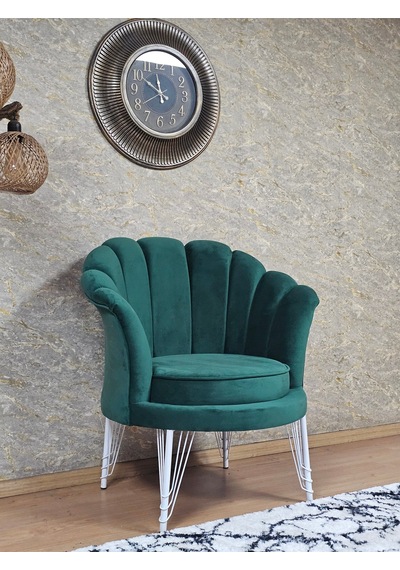 Zafir Tekli İstiridye Beyaz Boyalı Telli Ayak Çay Seti Koltuk Tekli Berjer , Balkon, Salon, Ofis Yeşil