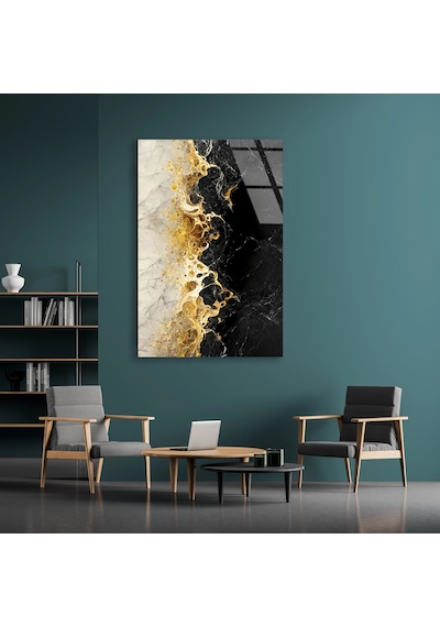 Siyah Altın Mermer Cam Tablo Yatay 90x140 Cm Deg1430