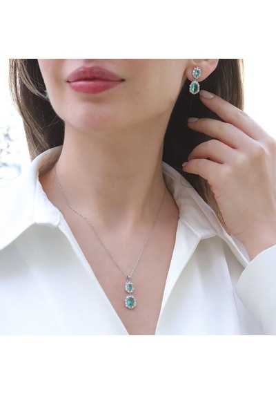 Elips Çiçek Paraiba Taşlı Gümüş Set Gümüş