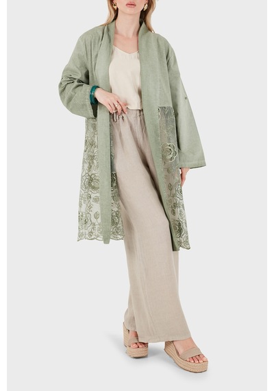Via Dante % 100 Keten Dantel Detaylı Kimono Bayan Kimono 6909330 Haki