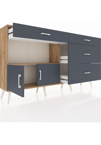 Arges Konsol Tek Raflı 4 Çekmeceli 2 Kapaklı 176x30x99 Çam-antras Çam-antrasit