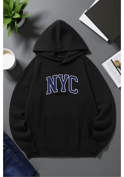 Uyguntarz Unisex Nyc Tasarım Baskılı Kapüşonlu Sweatshirt siyah