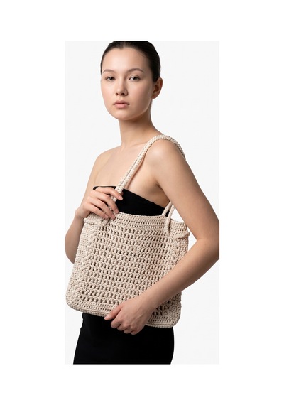 Melonndesign Melona Butik Makrome İp Krem Rengi File Çanta, Astarsız, Mıknatıs Çıtçıtlı Bej