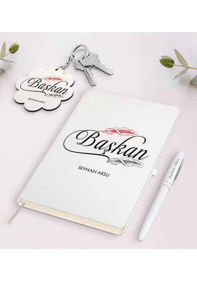 Kişiye Özel Başkan Beyaz Defter Kalem Ve Anahtarlık Seti-1