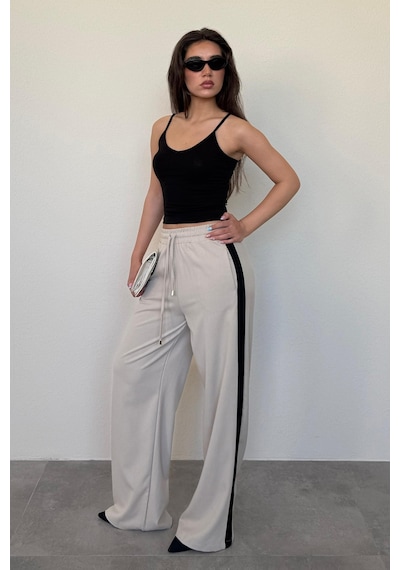 Madmext Bej Şerit Detaylı Bol Paça Kadın Pantolon Mg2441 Bej