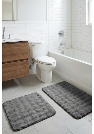2 Li Peluş Bubble Banyo Paspas Seti 60x100+50x60 Cm Kaymaz Lateks Taban, Yumuşak Yüzey, Yıkanabilir Antrasit