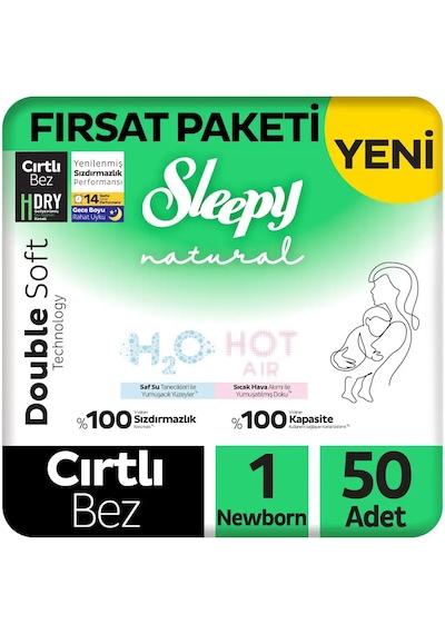 Sleepy Natural Double Soft Fırsat Paketi Bebek Bezi 1 Numara Newborn 50 Adet
