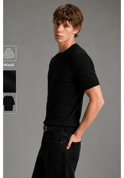 Cool Tarz Erkek Çizgili Triko Tişört Bisiklet Yaka Slim Fit Kısa Kollu Siyah Siyah