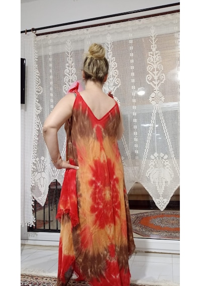 Hobievimiz Pamuklu 4 Eşarptan Elbise Pembe Kahverengi Batik