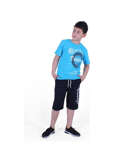 Fyk Kids Vintage Custom Yazı Baskılı Erkek Çocuk Yazlık Takım Turkuaz