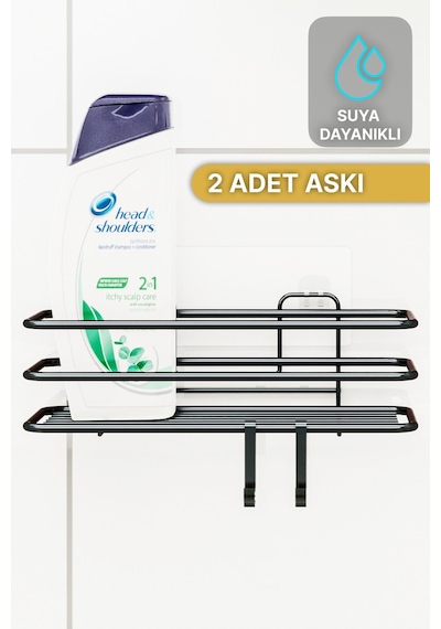 Banyo Düzenleyici Şampuanlık Sabunluk 1 Adet Lüks Metal Yapışkanlı 2 Askılı Duş Rafı Organizer Siyah