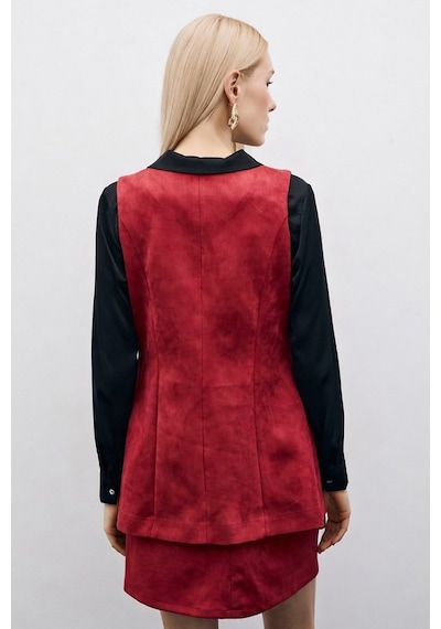 Sateen Düğmeli Uzun Süet Yelek - Bordo-135506 Bordo