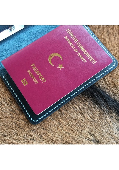 Leather Craft Hakiki Deri Isme Özel Pasaport Kılıfı - İsme Özel Turkuaz