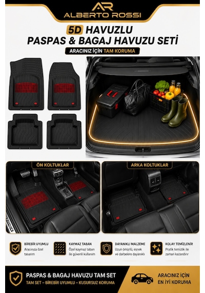 Fiat Panda 2025+ Uyumlu Araca Özel 3d Bagaj Havuzu Ve Paspas Joker Kırmızı
