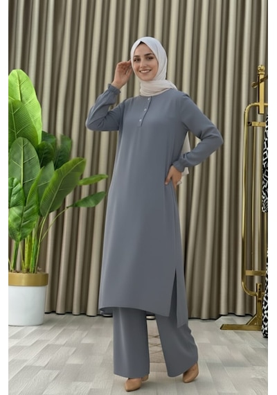 Mismoly Tesettür İkili Takım Uzun Tunik Bol Paça Pantolon 4006-gri Gri