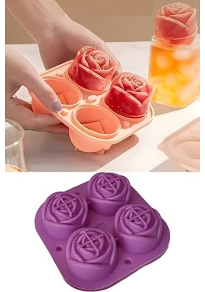Silikon Gül Şekilli 4 Bölmeli Buz Kalıbı, Jöle Ve Sunum İçin