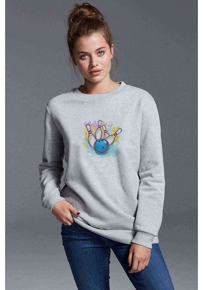 Bowling Topu Baskılı Gri Kadın Sweatshirt