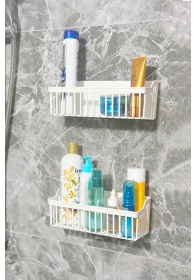 Banyor Yapışkanlı Banyo Rafı, 2'li Banyo Düzenleyici Organizer Duş Şampuanlık, Plastik Beyaz Açık Ahşap