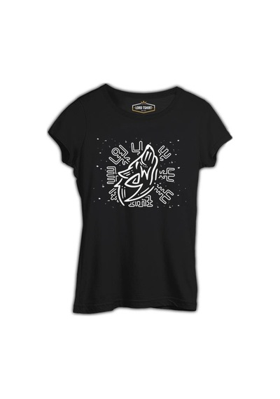 Wolf Howling And Viking Knots Siyah Kadın Tshirt 001