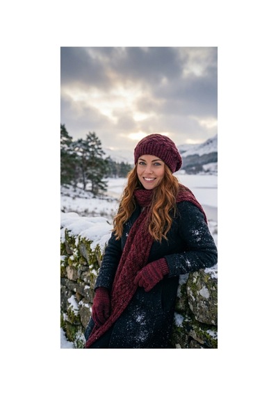 Emybox Kadın Örgü Desenli Ressam Bere Atkı Eldiven 3'lü Set Kışlık Takım Bordo
