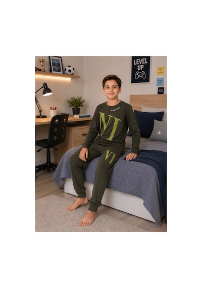 Formo Erkek Çocuk %100 Doğal Pamuk Manşet Paça Uzun Kollu Pijama Takımı Yesil