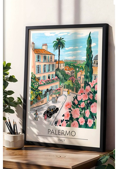 İtalya Palermo Duvar Tablosu Modern Salon Duvar Dekoru, Akdeniz Temalı Çerçeveli Poster Tablo Siyah