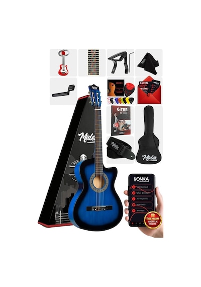 Midex Cg-395bl Mavi Renk Kesik Klasik Gitar 4/4 Yetişkin Boy Sap Ayarlı Full Set
