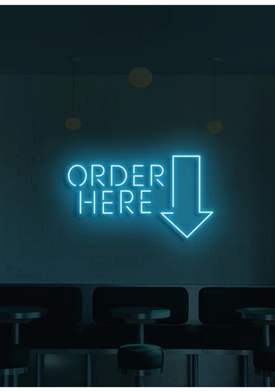 Order Here Yazılı Ve Şekilli Neon Tabela Turkuaz