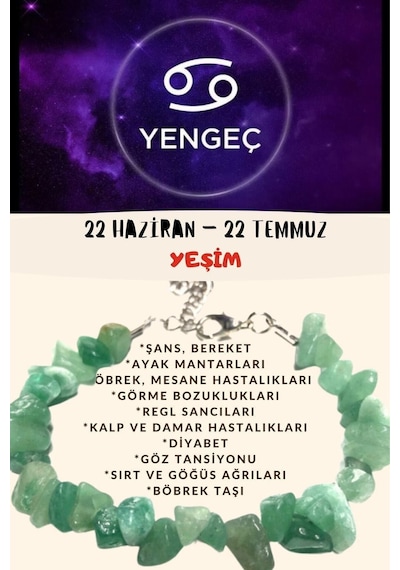 Gümüştel El Sanatları Sertifikalı Burç Taşı Yengeç Burcu Yeşim Taşı Bileklik Yeşil