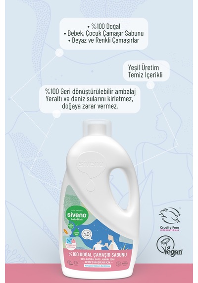 Siveno %100 Doğal Bebek Çamaşır Sabunu Kendinden Yumuşatıcılı Bitkisel Deterjan Vegan 1000 Ml