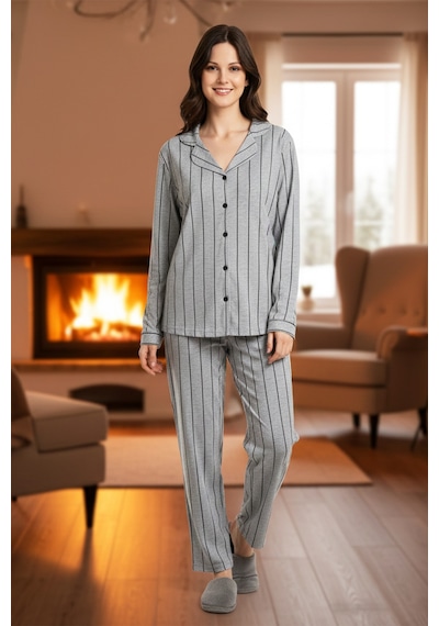 Remsa Kadın Çizgili Önü Düğmeli Suprem Pijama Takımı 0542 Füme01 Füme01