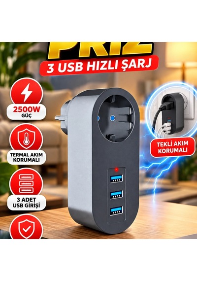 2500w Termal Akım Korumalı Çok Amaçlı Priz 3 Usb Hızlı Şarj Çıkışlı Diğer