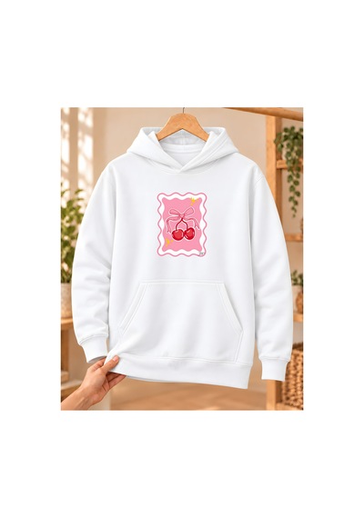 Mor Mürekkep Kadın %100 Pamuk 3 İplik Şardonlu Pembe Çerçeveli Kiraz Baskılı Kapüşonlu Sweatshirt Beyaz