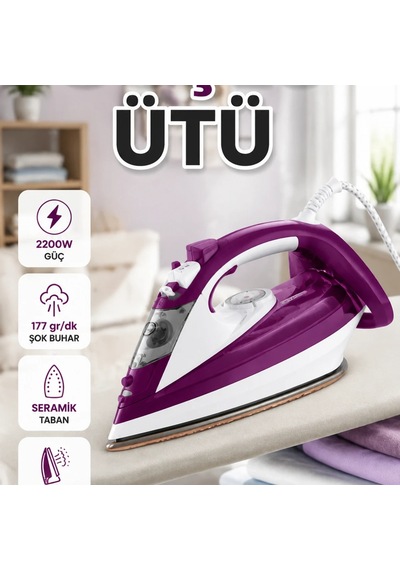 Mor Seramik Tabanlı 2200w Buharlı Ütü 177 Gr/dk Şok Buhar