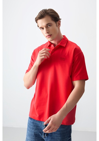 Air Jones Tommy Life Fiesta Pamuklu Kalın Yumuşak Dokulu Polo Yaka Oversize Fit Basic Erkek T- Shirt - 88382 Kirmizi