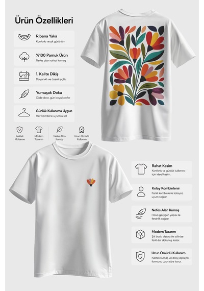 Spoyi Modern Flora Tasarımlı %100 Pamuk Yarım Oversize Beyaz T-shirt