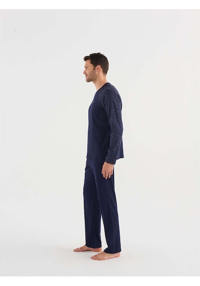 Mod Collection MOD COLLECTION Erkek Lacivert Yuvarlak Yaka Pijama Takım-4715 Çok Renkli