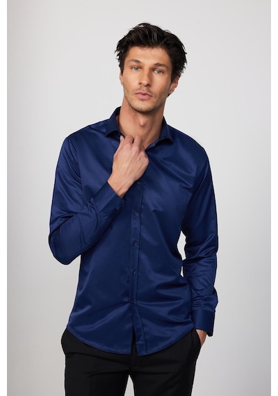 Tudors Modern Slim Fit Düz Saten Pamuklu Lacivert Erkek Gömlek-29475-lacivert Lacivert
