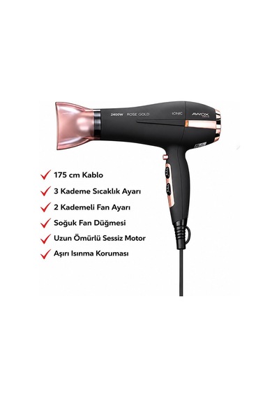 Awox Watson Saç Kurutma Ve Fön Makinesi 2400w 2 Kademe Fan 3 Kademe Sıcaklık Siyah Soğuk Üfleme