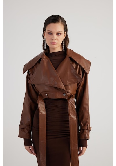 Holly Lolly Crop Model Astarlı Kemerli Neeko Deri Ceket Kahverengi Kahve