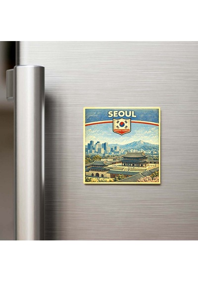 Retro Güney Kore Seul Şehri Temalı Vintage Buzdolap Magneti 9x9 Cm