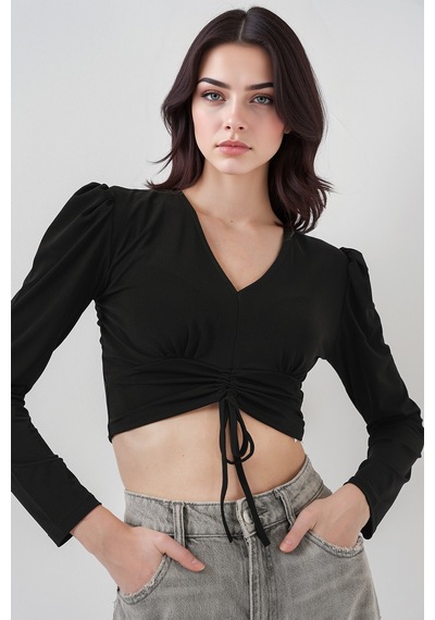 Hiccup Bdart Drapeli V Yaka Dikişli Crop Top Siyah