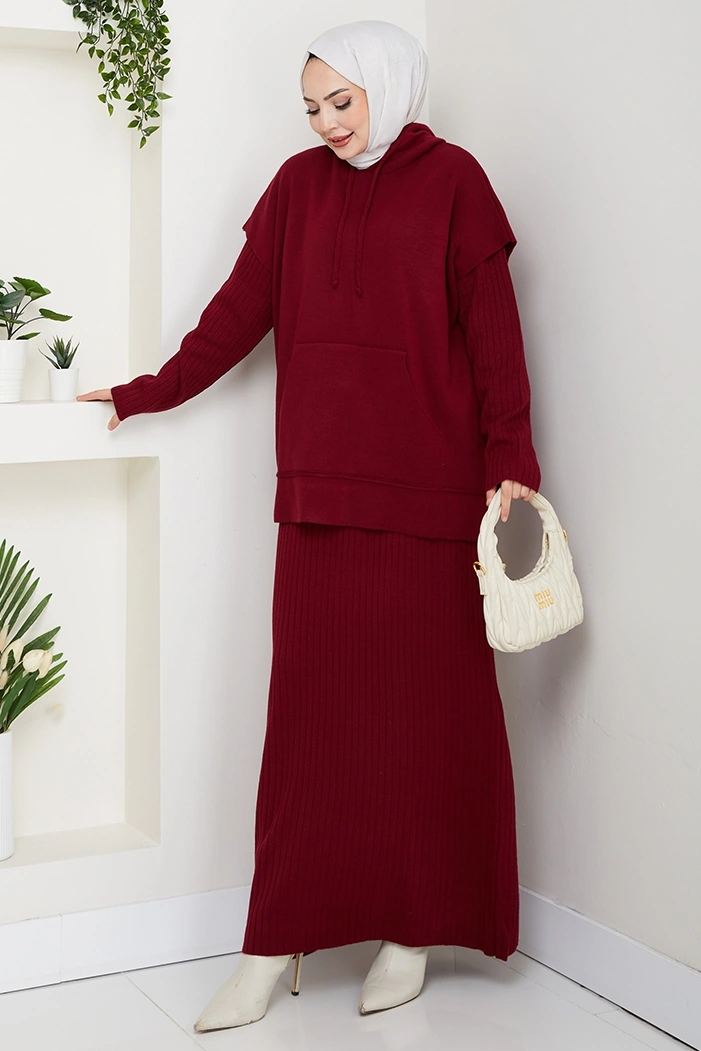 Bestenur Kapüşonlu Tunik Elbise Triko Takım 1645 - Bordo Bordo